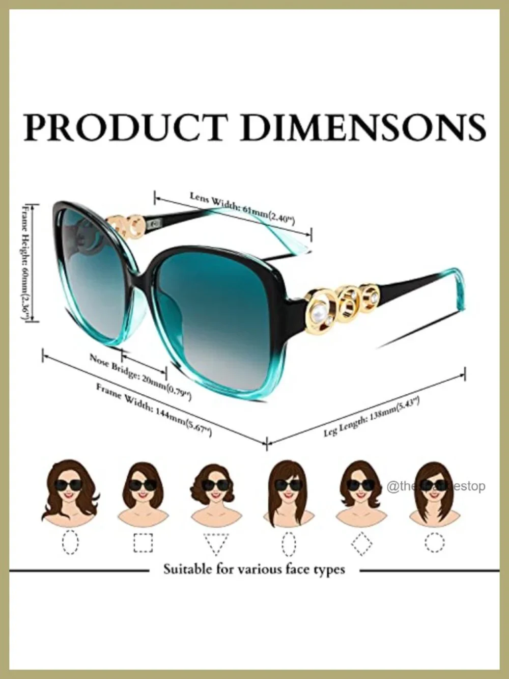Oversized Square Frame Sunglasses with Pearl Crystal Inlays Polarized UV